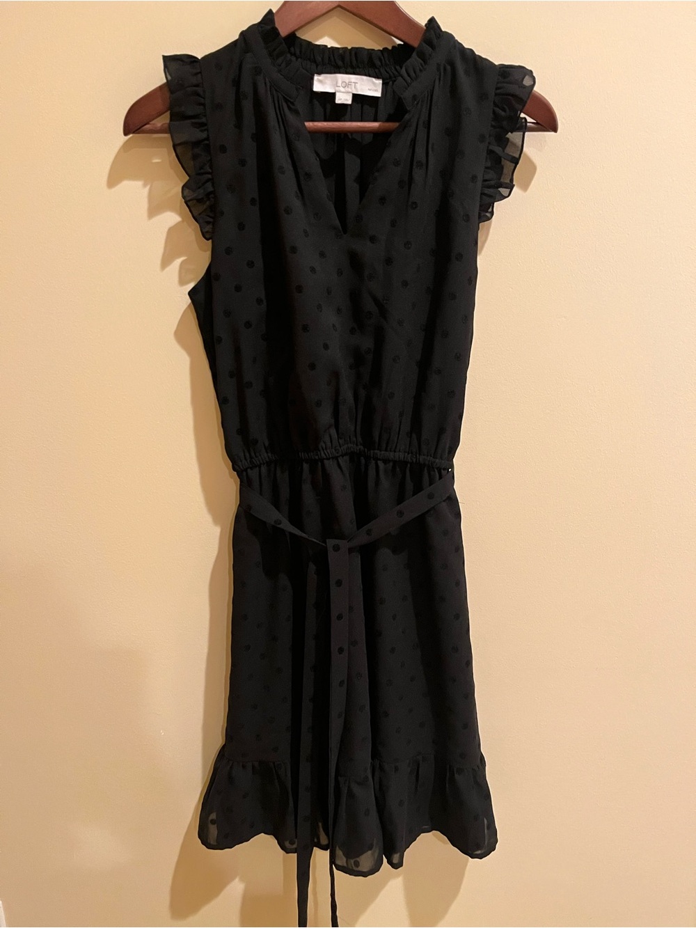 LOFT Black Swiss Dot Ruffle Sleeve Mini Dress